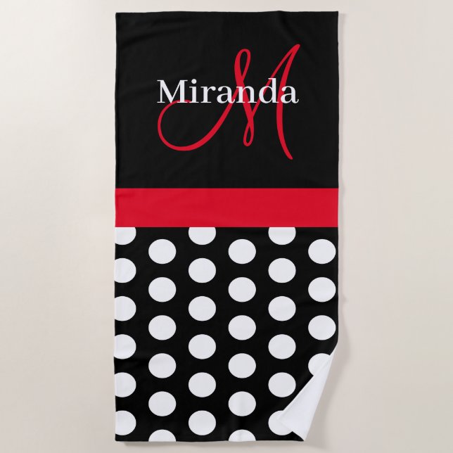 Toalla De Playa Guión negro rosado de Monograma Polka Dot (Anverso)