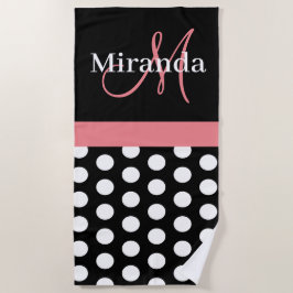 Toalla De Playa Guión negro rosado de Monograma Polka Dot