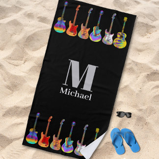 Toalla De Playa Guitarras Psicodélicas Personalizadas Negras