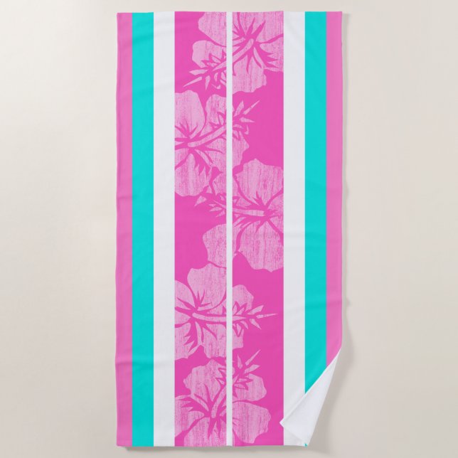 Toalla De Playa Haleiwa Surfboard Hawaiian Hibiscus Striping-Pink (Anverso)
