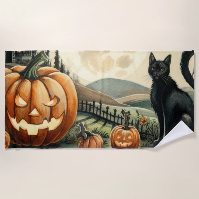 Toalla De Playa Halloween/otoño/otoño/otoño/calabaza/gato (Anverso)