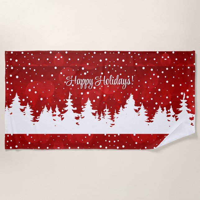 Toalla de playa Happy Holidays (A festive holiday beach towel featuring a snowy forest scene with the Text "Happy Holidays"!)