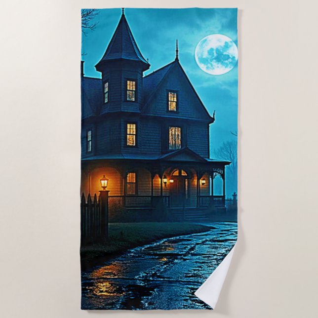 Toalla De Playa Haunted Mansion Blue Moonlight Night Design (Anverso)