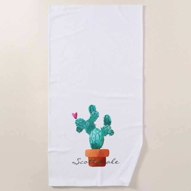 Toalla De Playa Heart Cactus Green Pink Scottsdale Desert Fun (Anverso)