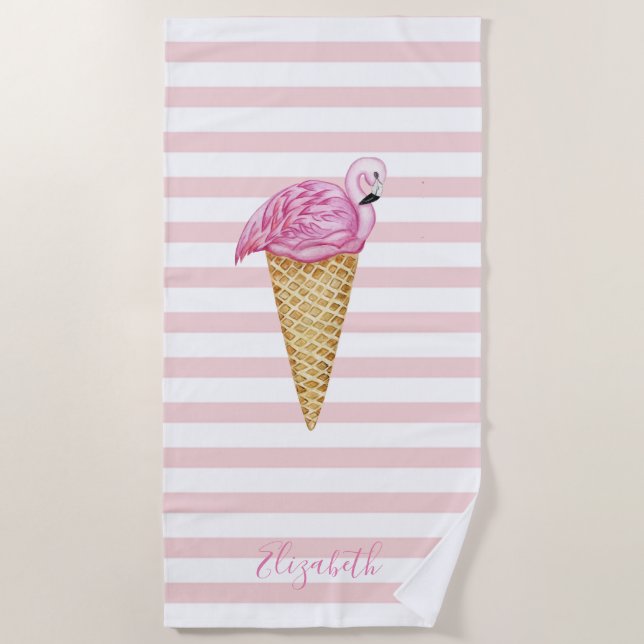 Toalla De Playa Helado Cool Flamingo Rosa Rayas (Anverso)