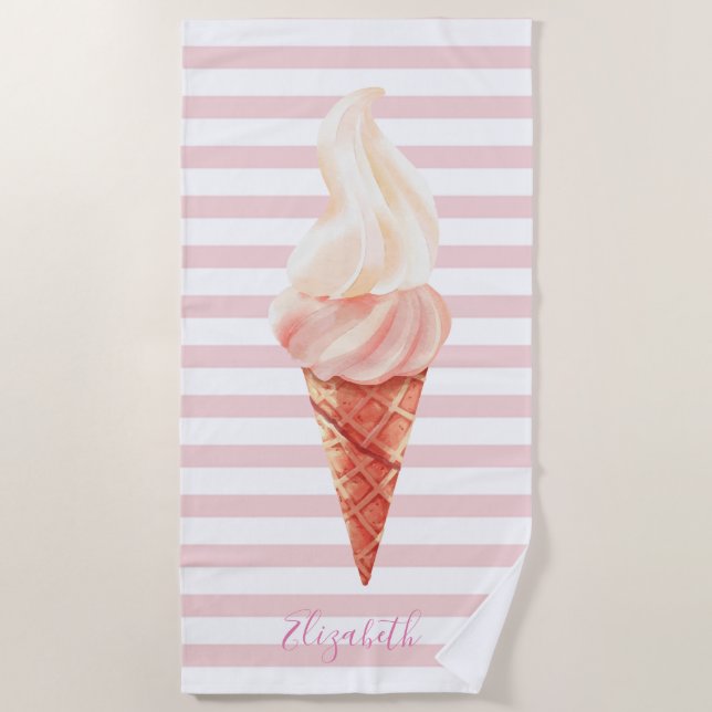 Toalla De Playa Helado Genial Rayas Rosadas (Anverso)