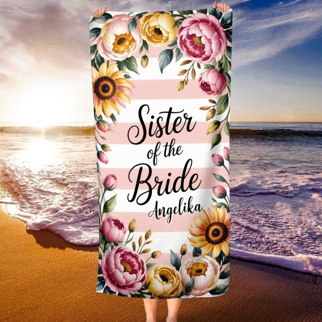Toalla De Playa Hermana del Boda floral Bride Pink Stripes (Subido por el creador)