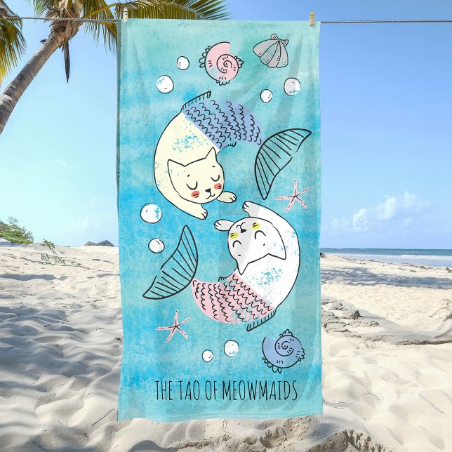 Toalla De Playa Hermosa acuarela verde Tao de Meowmaids (Find your path to serenity and the right balance of cuteness with this yin yang tao inspired towel.)
