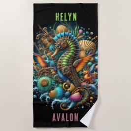 TOALLA DE PLAYA HERMOSA CABALLERA DE ESPAMPUNK BLANCA EN NEGRO