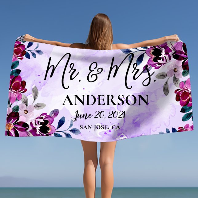 Toalla De Playa Hermosa floral Sr. y Sra. Boda o aniversario (Beautiful Floral Mr & Mrs Wedding or Anniversary Beach Towel)