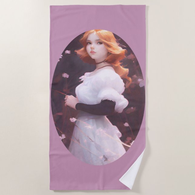 Toalla De Playa Hermosa joven Chica entre retrato de flores rosas (Anverso)