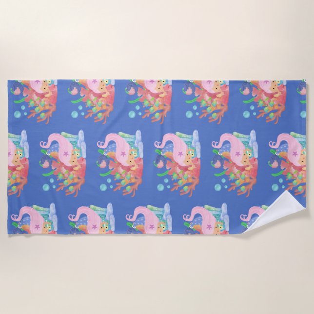 Toalla De Playa Hermosa sirena de PINK jugando abrazando un pez (Anverso)