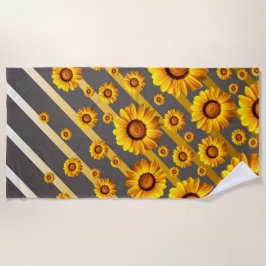Toalla De Playa Hermosas flores amarillas sobre rayas grises, dora