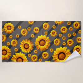 Toalla De Playa Hermosas flores amarillas sobre rayas grises y neg