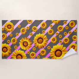 Toalla De Playa Hermosas flores amarillas sobre rayas grises y ros