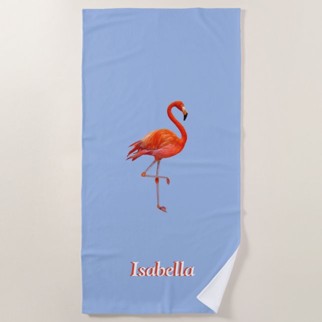 Toalla De Playa Hermoso flamingo en azul claro personalizado (Anverso)