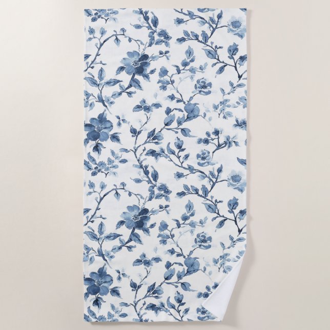 Toalla De Playa Hermoso Floral Blanco Azul   (Anverso)