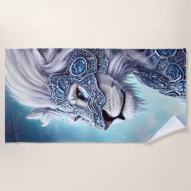 Toalla De Playa Hermoso león guerrero blanco blindado (Anverso)