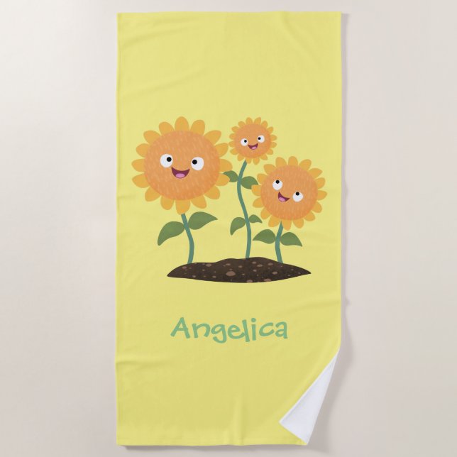 Toalla De Playa Hermosos girasoles alegres sonrientes ilustracion  (Anverso)