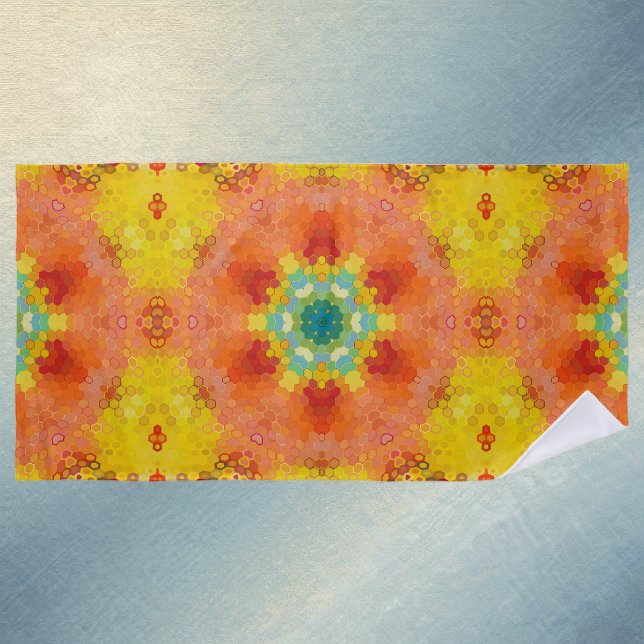 Toalla De Playa Hex Mandala Orange Yellow Red and Blue (Orange Yellow Red and Blue Hexagon Mandala Beach Towel by Wormhole Orbital)
