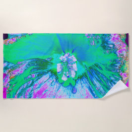 Toalla De Playa Hibiscus psicodélico retro verde y rosa caliente