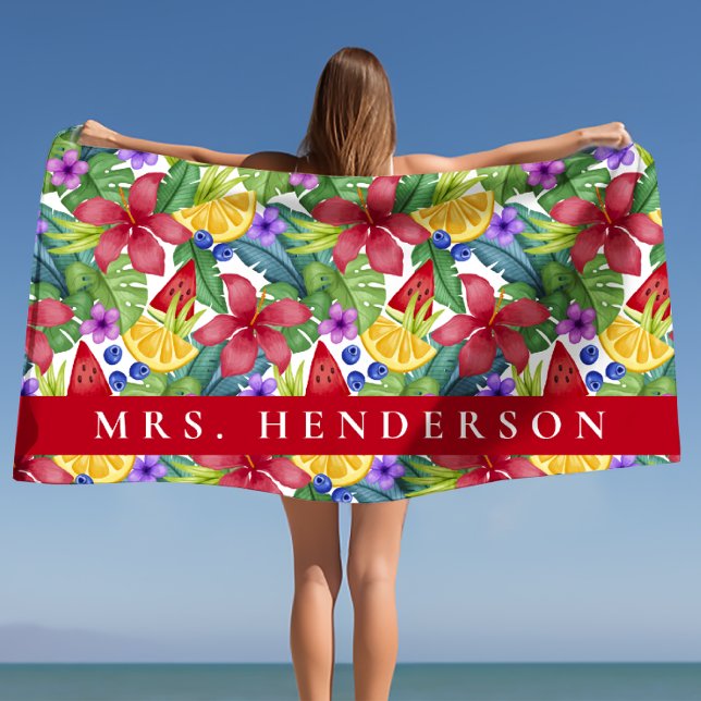 Toalla De Playa Hibiscus y hojas tropicales nombre personalizado (Hibiscus and Tropical Leaves Personalized Name Beach Towel)