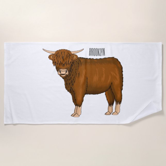 Toalla De Playa Highland cow cartoon illustration (Anverso)