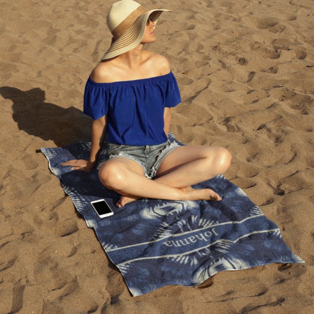 Toalla De Playa Hoja de palma en azul delft, personalizable (Subido por el creador)