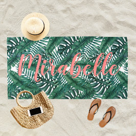 Toalla De Playa Hojas de palma de acuarela tropical Nombre persona