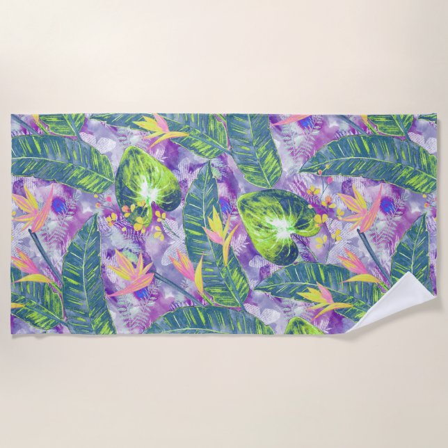 Toalla De Playa hojas de palma, tropicales, botánicas, coloridas (Anverso)