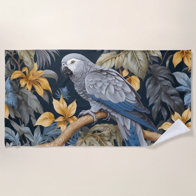 Toalla De Playa Hojas tropicales de loro gris africano (Anverso)