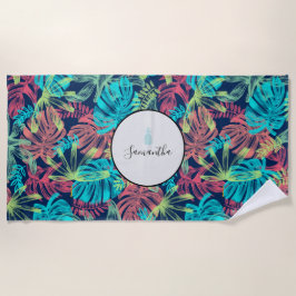 Toalla De Playa Hojas tropicales de palma Monograma Coral Turquesa