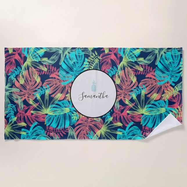 Toalla De Playa Hojas tropicales de palma Monograma Coral Turquesa (Anverso)