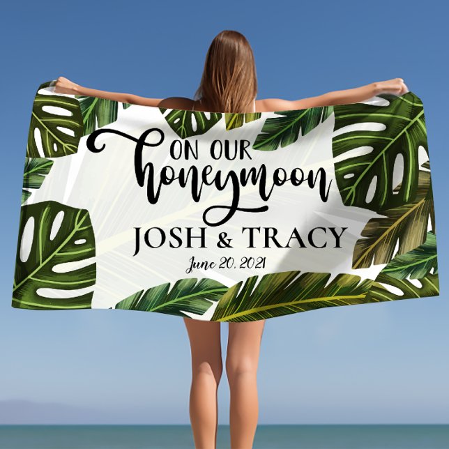 Toalla De Playa Hojas tropicales nombres personalizados regalos de (Tropical Leaves Personalized Names Honeymoon Gifts Beach Towel)