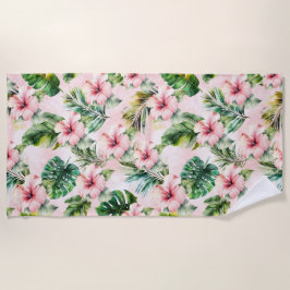 Toalla De Playa Hojas tropicales rosadas Hibiscus Floral