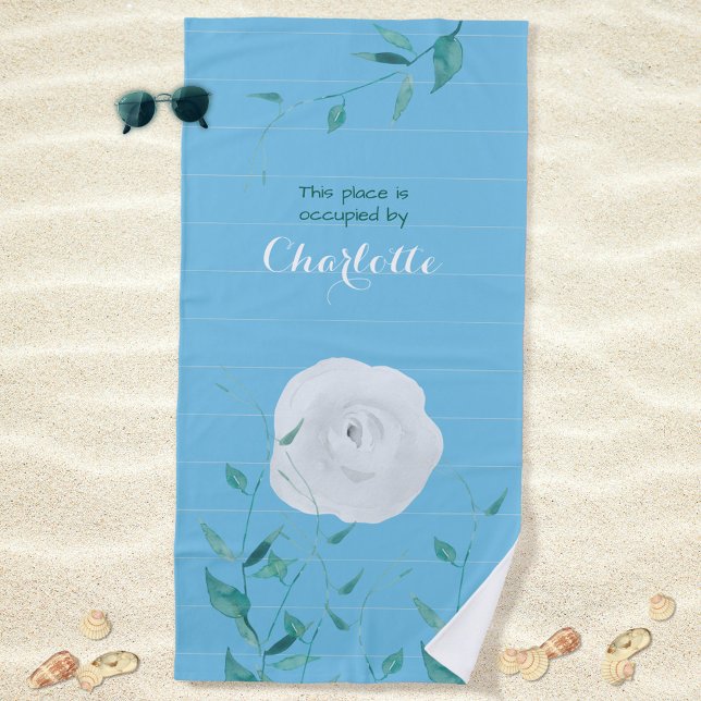Toalla De Playa Hojas verdes de rosa blanca a rayas modernas (White Rose Green Leaves Striped Modern Beach Towel ©Susanne Sachers - Sunny Mind Design 🌞)