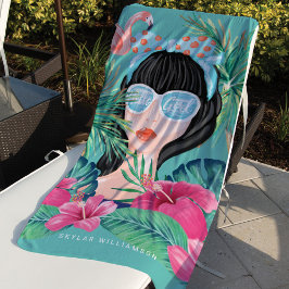 Toalla De Playa Hola Chica Beach Beauty Tropical Palm & Flamingo