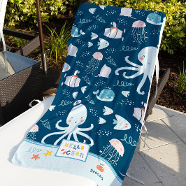 Toalla De Playa Hola Octopus oceánico y Fish Nautical Blue Kid