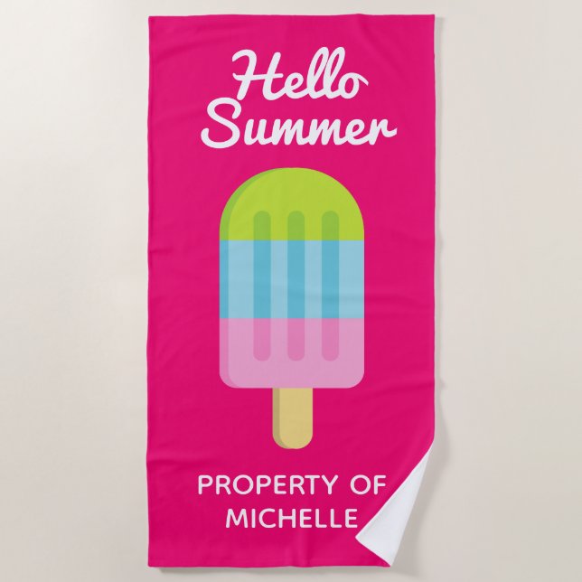 Toalla De Playa Hola verano lindo popsicas helado personalizado ro (Anverso)