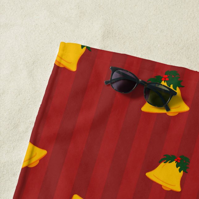 Toalla De Playa Holiday Red Gold Stripe Bells Christmas (In situ)