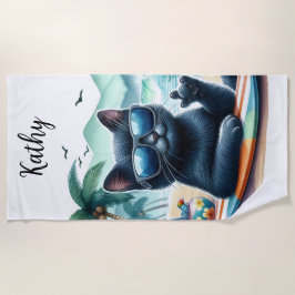 Toalla De Playa Hora de playa Gato negro genial Personalizado 