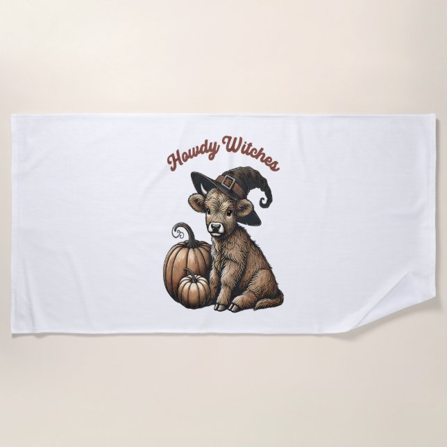 Toalla De Playa Howdy Witch Halloween Highland Cow (Anverso)