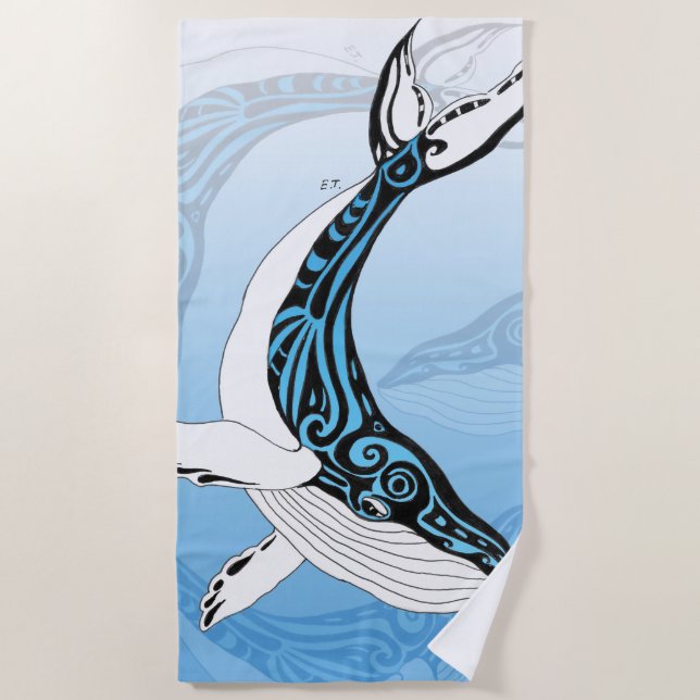 Toalla De Playa Humpback Whale Tribal Spirit Blue Art (Anverso)