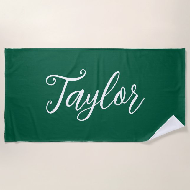 Toalla De Playa Hunter Green Chic Customized Handwritten Script (Anverso)