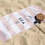 Toalla De Playa I Need Vitamin Sea | Striped<br><div class="desc">Our chic and cheeky beach towel features "I Need Vitamin Sea" in navy blue lettering with an anchor illustration on a blush pink and white striped background.</div>