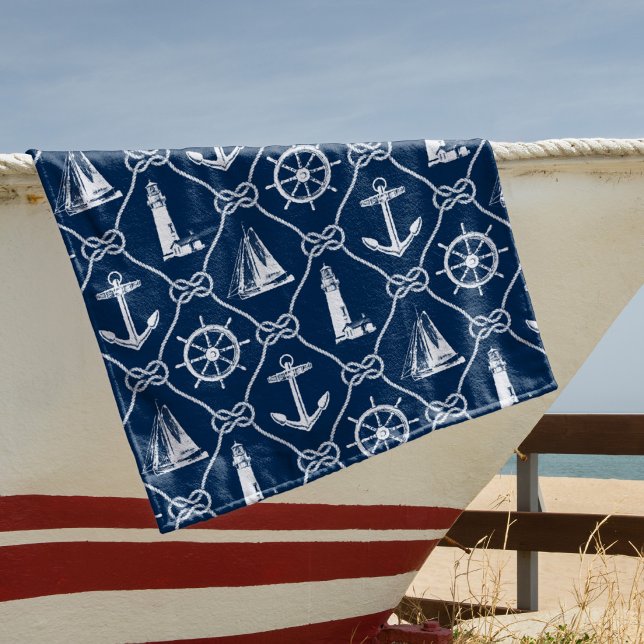 Toalla De Playa Iconos náuticos de la Marina Azul y Blanco (Subido por el creador)