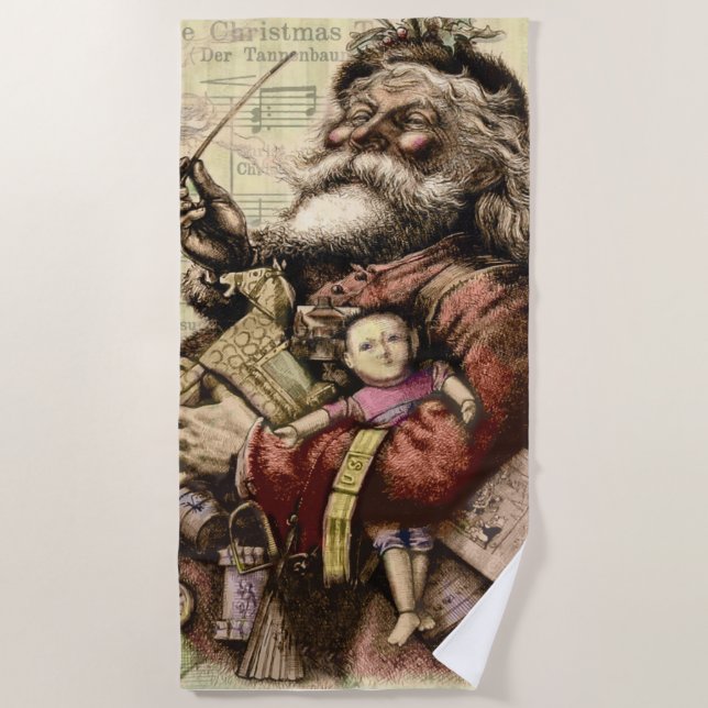 Toalla De Playa Ilustracion clásico Merry Santa Claus Tree (Anverso)