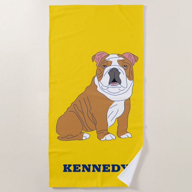 Toalla De Playa Ilustracion de Bulldog inglés personalizado (Anverso)