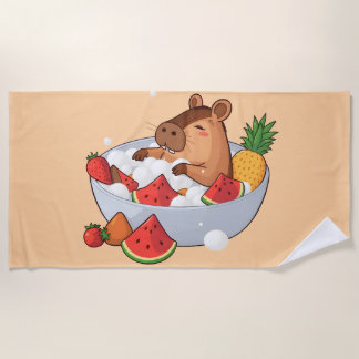 Toalla De Playa Ilustración de carpincho kawaii en un baño de frut
