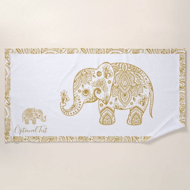 Toalla De Playa Ilustracion de Elefante Paisley Gold Floral (Anverso)